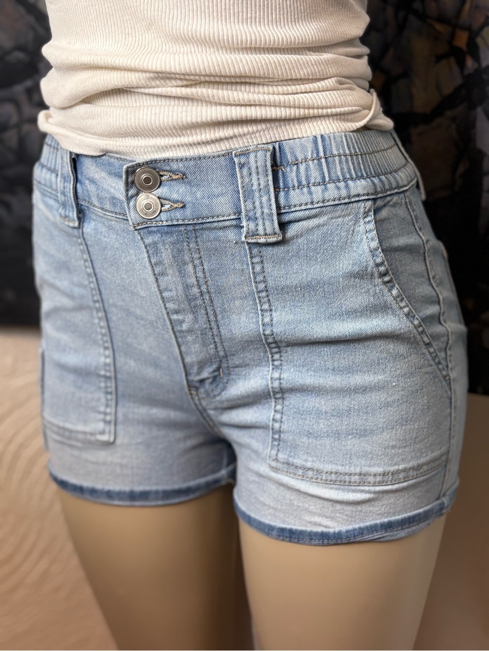 light blue denim shorts